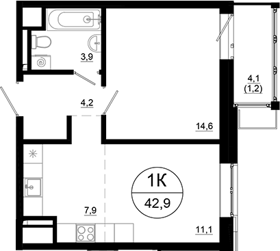 2-комн., 41.7 м², 7/24 этаж, ЖК «Союзный»