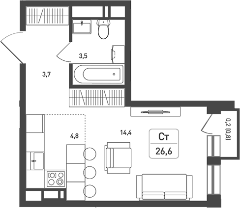 Студия, 26.4 м², 8/8 этаж, ЖК «Новая Щербинка»