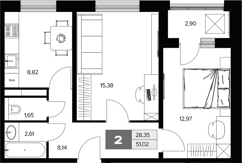 2-комн., 49.57 м², 7/9 этаж, ЖК «Ласточкино»