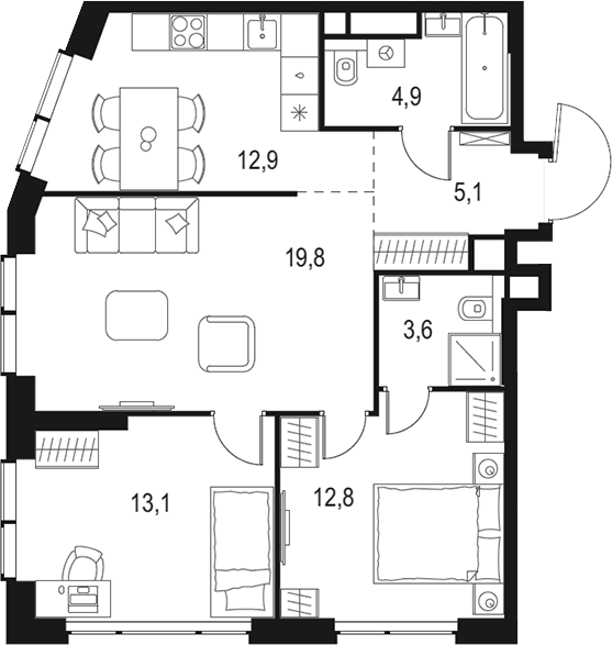 3-комн., 72.2 м², 14/48 этаж, ЖК «Левел Мичуринский»