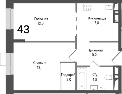 2-комн., 44.4 м², 1/8 этаж, ЖК «Киноквартал»
