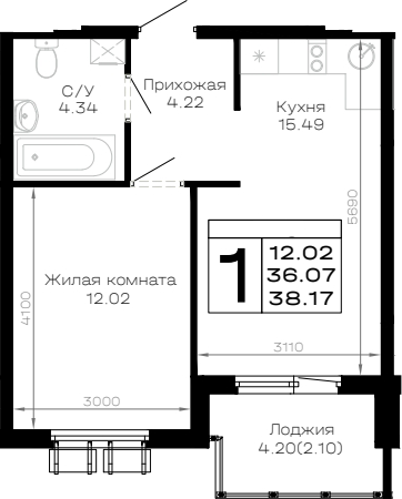 1-комн., 36.07 м², 2/4 этаж, ЖК «Усадьба Гостагаевская»