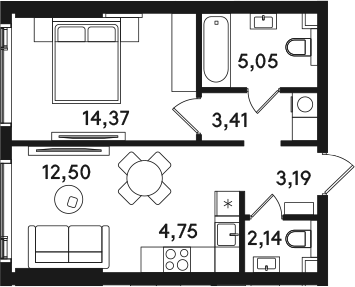 2-комн., 45.41 м², 11/41 этаж, ЖК «СОЛОС»