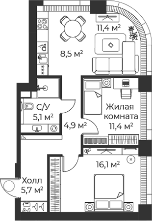 3-комн., 63.1 м², 2/38 этаж, ЖК «Веер»