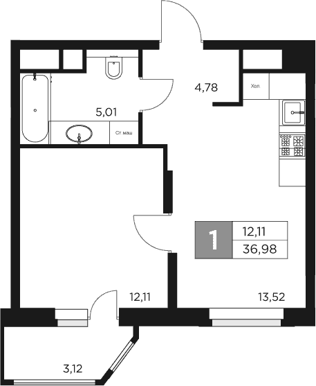 1-комн., 35.42 м², 15/17 этаж, ЖК «Восток 2»