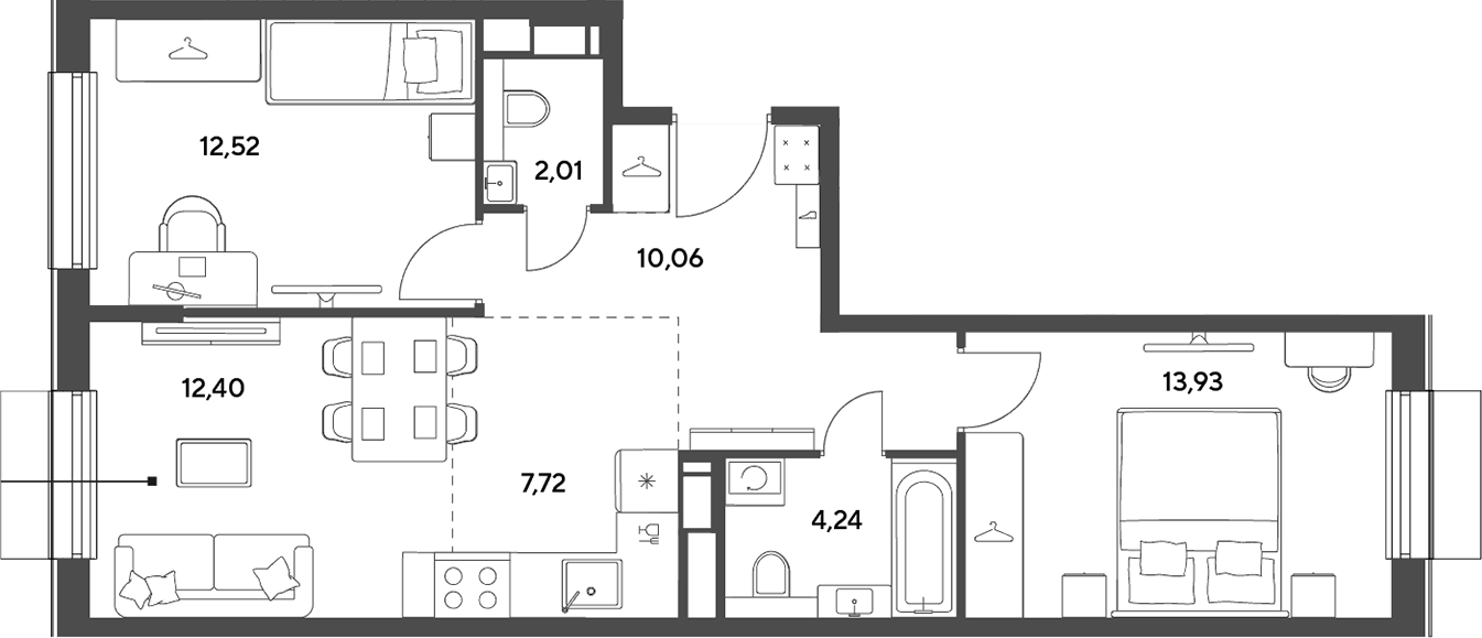 3-комн., 62.88 м², 11/12 этаж, ЖК «Публицист»