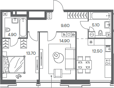 2-комн., 60.7 м², 11/12 этаж, ЖК «Инджой»