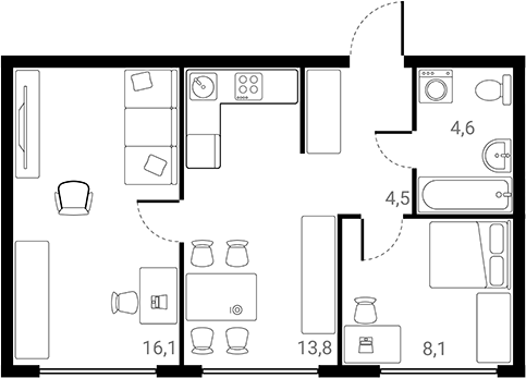 2-комн., 47.1 м², 21/25 этаж, ЖК «Лесная Коллекция»