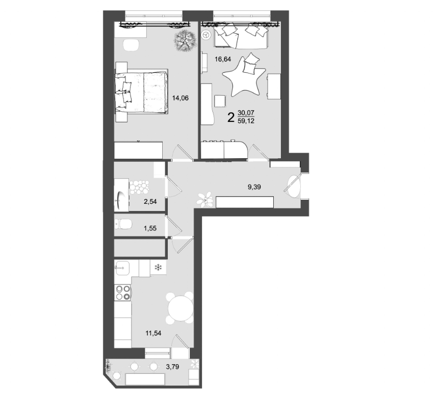 2-комн., 57.22 м², 9/9 этаж, ЖК «Майданово Парк»