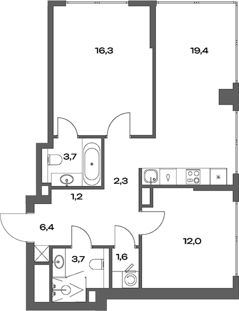 3-комн., 67.6 м², 8/30 этаж, ЖК «Акценты»