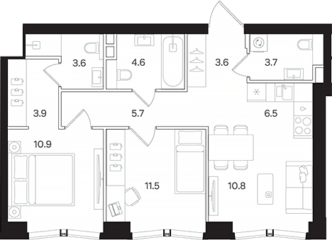 3-комн., 64.8 м², 17/42 этаж, ЖК «АУРА»