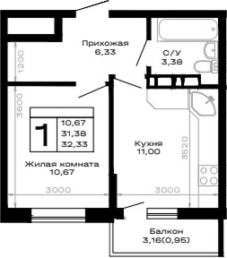 1-комн., 31.38 м², 5/16 этаж, ЖК «Горные высоты»