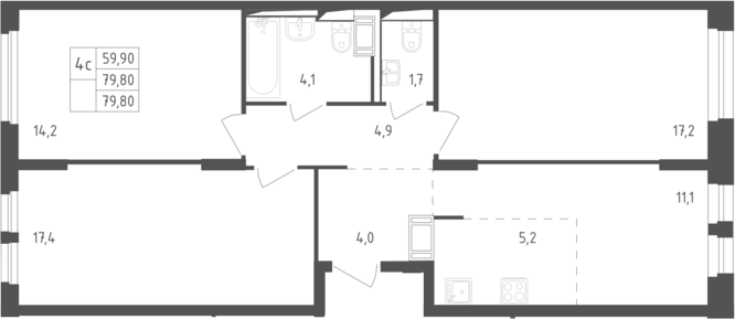 4+ комнаты, 79.8 м², 7/17 этаж, ЖК «Мытищи Парк»