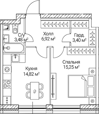 1-комн., 43.87 м², 46/51 этаж, ЖК «СЕЗАР СИТИ»
