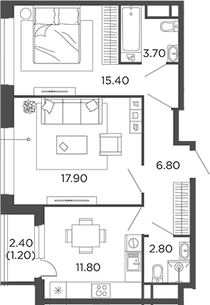 2-комн., 58.4 м², 10/22 этаж, ЖК «Филатов Луг»