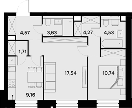 2-комн., 56.15 м², 16/52 этаж, ЖК «УЛЬТИМА Сити»