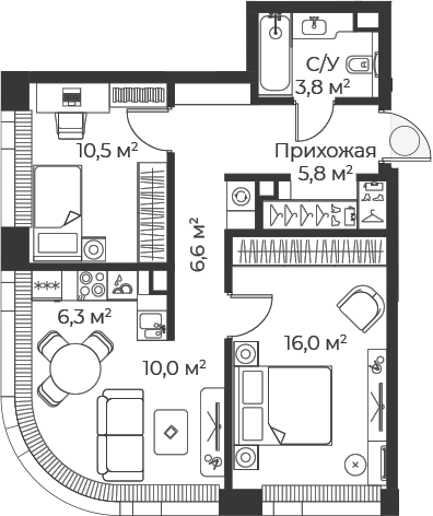 3-комн., 59 м², 18/25 этаж, ЖК «Веер»
