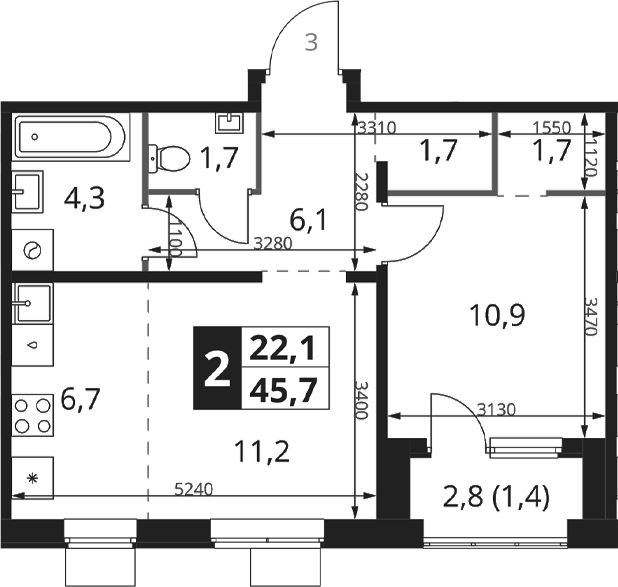 2-комн., 44.3 м², 17/17 этаж, ЖК «1-й Ясеневский»