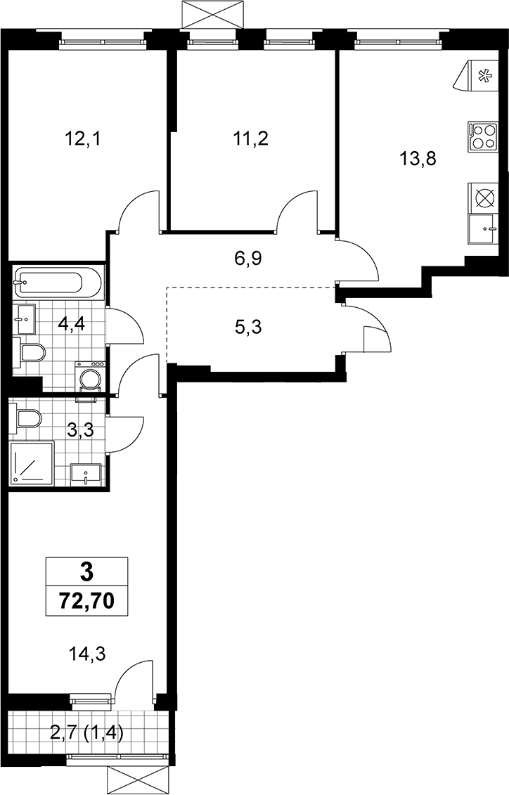 3-комн., 71.3 м², 3/10 этаж, ЖК «Прокшино»