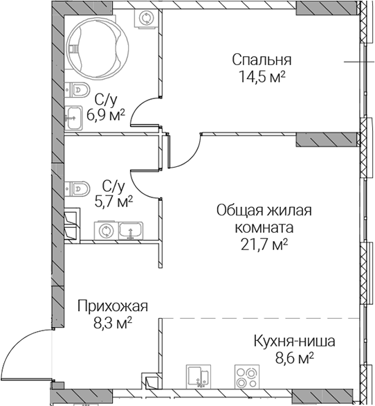 2-комн., 65.7 м², 9/36 этаж, ЖК «СЕЗАР СИЛИКА»