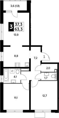 3-комн., 61.5 м², 10/20 этаж, ЖК «Южная Битца»