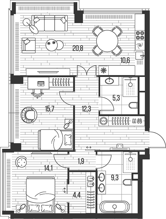 3-комн., 94.4 м², 34/47 этаж, ЖК «HIGH LIFE»