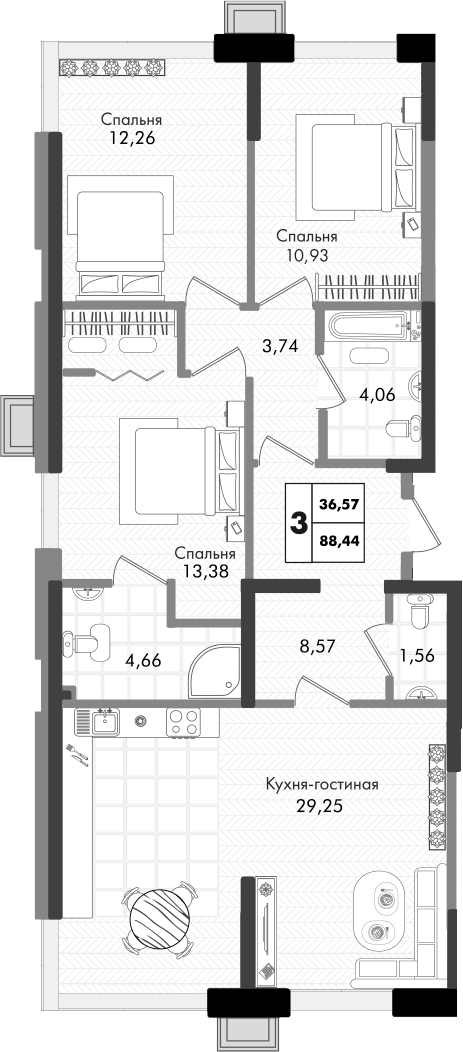 4-комн. квартира, 88.44 м² в ЖК Зеленая территория — фото 2