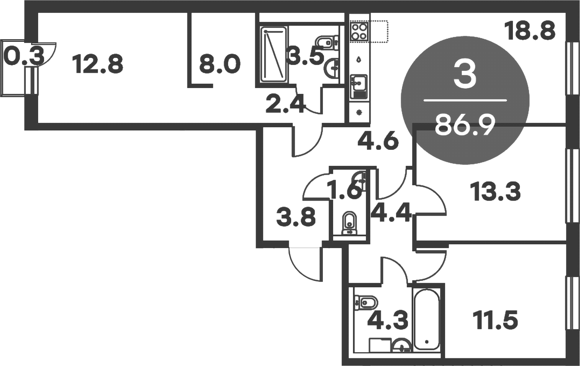 3-комн., 86.6 м², 6/6 этаж, ЖК «Равновесие»