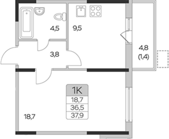 1-комн., 36.5 м², 4/9 этаж, ЖК «Пироговская ривьера. Мытищи»