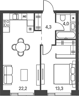 2-комн., 43.8 м², 24/40 этаж, ЖК «Моментс»