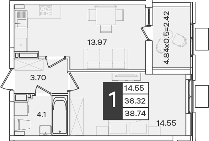 2-комн., 36.32 м², 11/18 этаж, ЖК «Сюжеты»