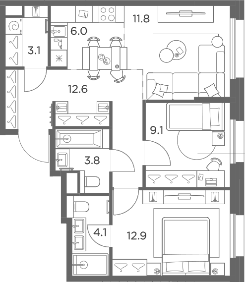 3-комн., 63.4 м², 3/6 этаж, ЖК «Станиславский»