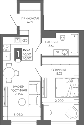 1-комн. квартира, 46.5 м² в ЖК Иначе в Молодежном — фото 2