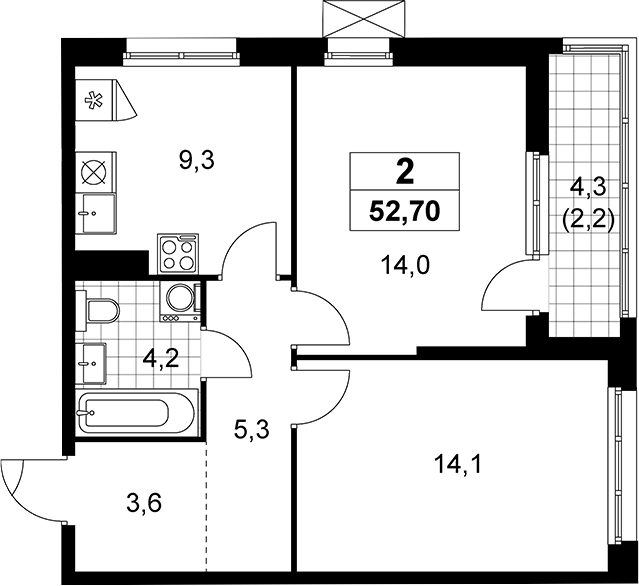 2-комн., 50.5 м², 16/19 этаж, ЖК «Прокшино»