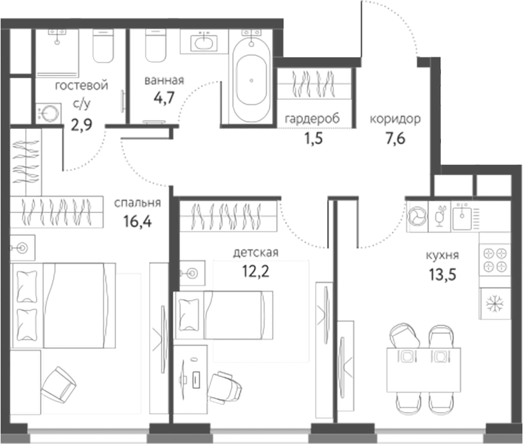 2-комн., 58.8 м², 22/25 этаж, ЖК «Сиреневый парк»