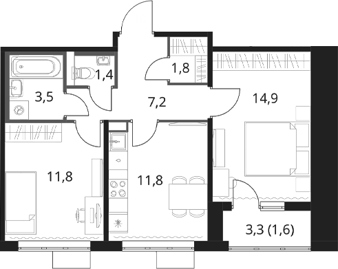 2-комн., 52.4 м², 4/16 этаж, ЖК «1-й Шереметьевский»