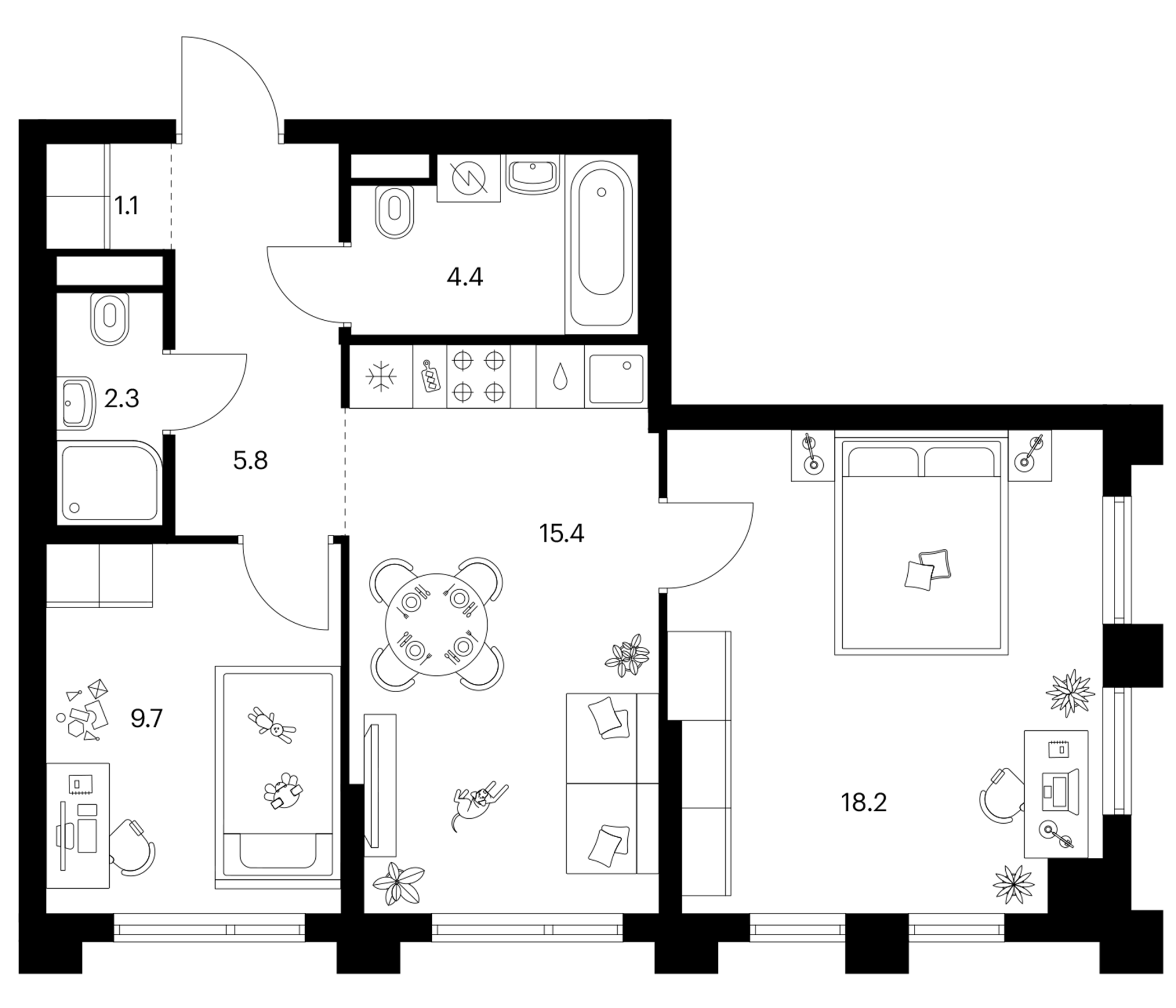 2-комн., 56.9 м², 7/28 этаж, ЖК «Зеленый парк»