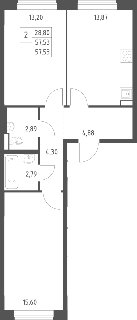 2-комн., 57.53 м², 3/13 этаж, ЖК «Новое Видное»