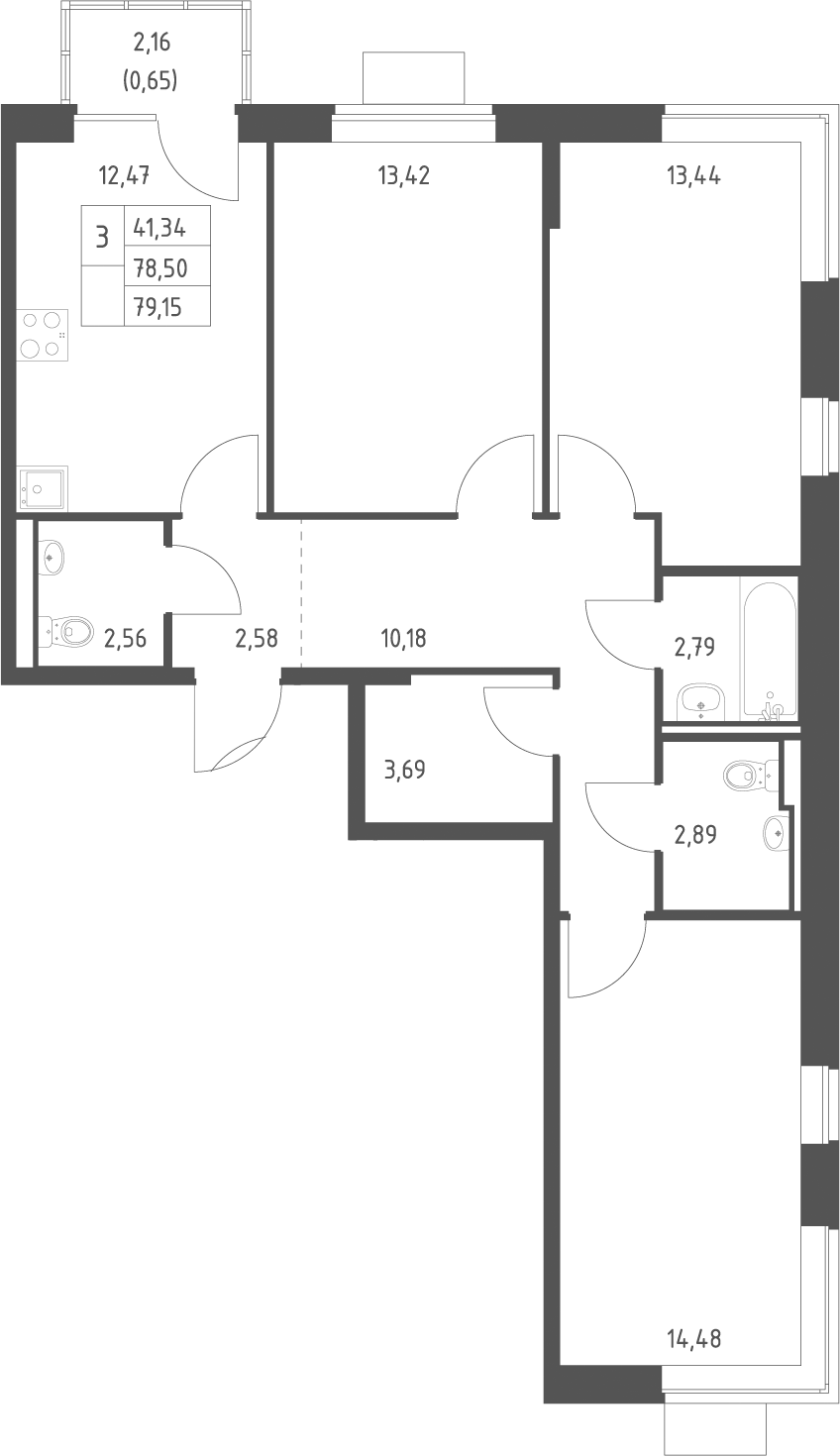 3-комн., 78.5 м², 3/9 этаж, ЖК «Подольские кварталы»