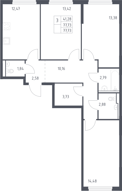 3-комн., 77.73 м², 11/17 этаж, ЖК «Пригород Лесное»
