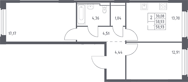 2-комн., 58.93 м², 2/16 этаж, ЖК «Космический Квартал»