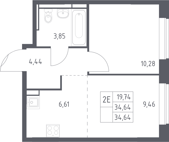 2-комн., 34.64 м², 7/11 этаж, ЖК «Богдановский лес»