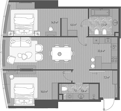 3-комн., 90.5 м², 54/90 этаж, ЖК «ОНЕ»