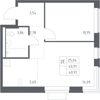2-комн., 40.91 м², 16/17 этаж, ЖК «Новое Видное»