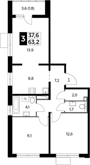 3-комн., 61.4 м², 16/20 этаж, ЖК «Южная Битца»