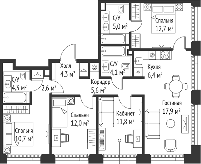 4+ комнаты, 97.4 м², 47/59 этаж, ЖК «СЕТ»