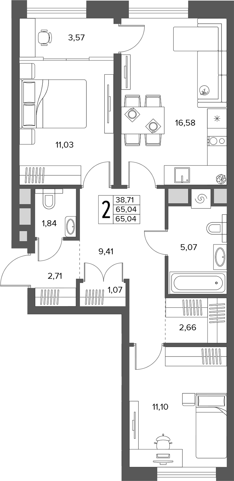 3-комн., 65.04 м², 2/14 этаж, ЖК «Городской бор»