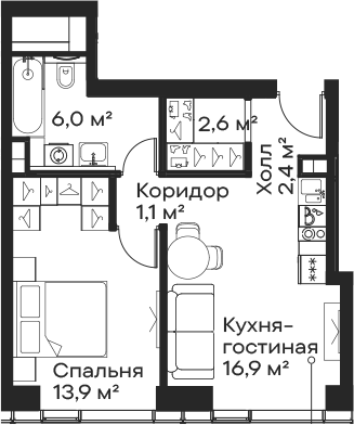 2-комн., 42.9 м², 17/59 этаж, ЖК «Сити Бэй»