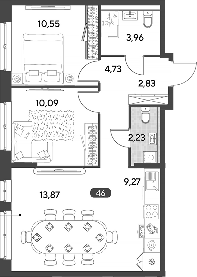 3-комн., 57.53 м², 7/25 этаж, ЖК «Космопарк»