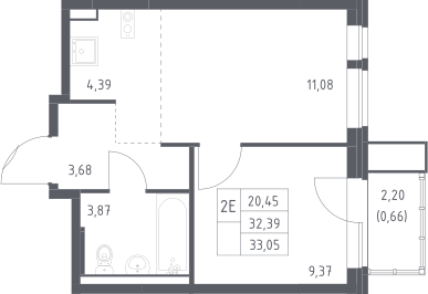 2-комн., 32.39 м², 11/13 этаж, ЖК «Квартал Авиаторов»
